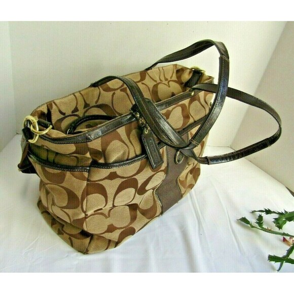 Authentic Coach 21865 Signature Stripe Brown Khaki Diaper Travel Weekender Bag - Picture 5 of 10